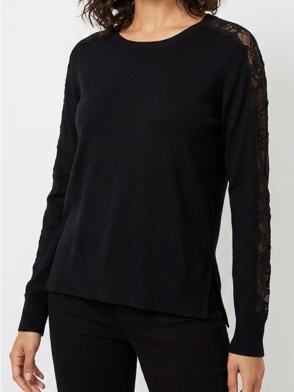 LOFT Black Lace Sleeve Pullover Sweater XS Cotton Silk Knit Romantic Coquette